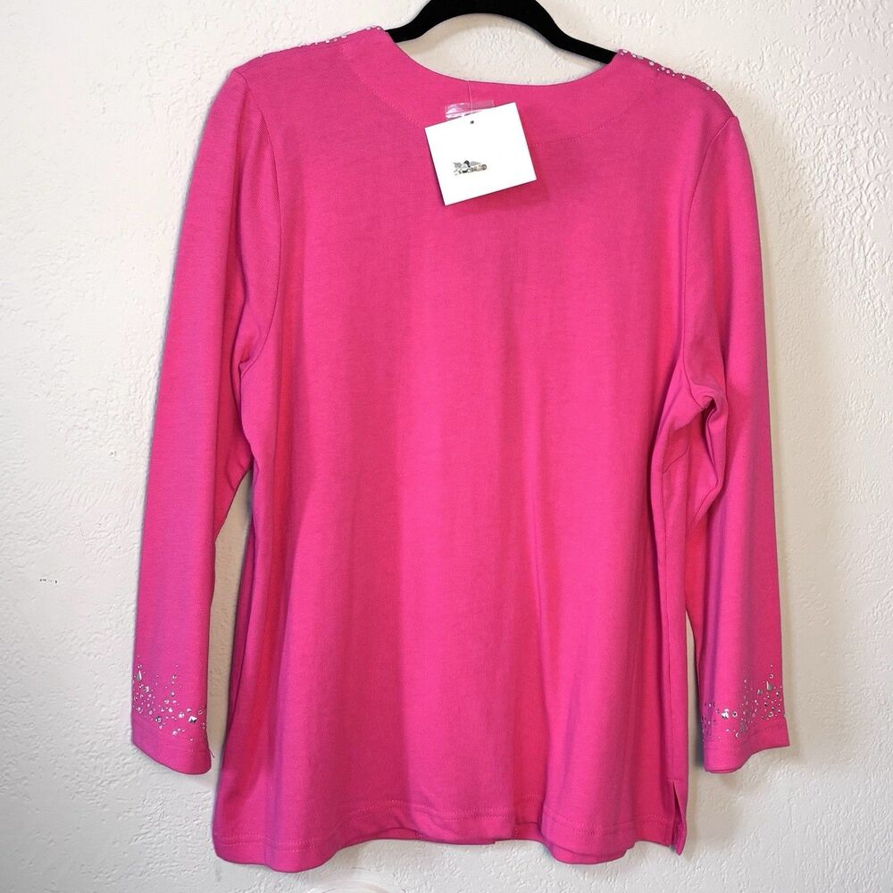 Quacker Factory Pink Knit Cardigan Cascading Rhinestones Women’s L Top Jacket - Picture 4 of 9